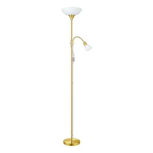 EGLO Stehlampe Up 2, 2 flammige Stehleuchte, Standleuchte aus Metall, Glas und Kunststoff, Wohnzimmerlampe in Messing-Matt, Weiß, Lampe mit Schalter, Deckenfluter mit Leselampe, E27 E14
