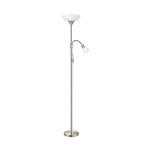 EGLO Stehlampe Up 2, 2 flammige Stehleuchte, Standleuchte aus Metall, Glas und Kunststoff, Wohnzimmerlampe in Silber, Weiß, Lampe mit Schalter, Deckenfluter mit Leselampe, E27, E14