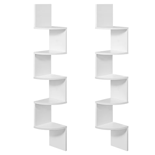 VASAGLE Eckregal 2er Set, Wandregal mit 5 Ablagen, Schweberegal für Küche, Schlafzimmer, Wohnzimmer, Arbeitszimmer, Pflanzen, CDs, Deko, Souvenirs, weiß LLS822T14