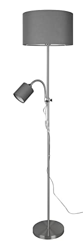 Reality Leuchten Stehleuchte Owen R40192007, Metall Nickel matt, Stoffschirm grau, exklusiv E27 und E14
