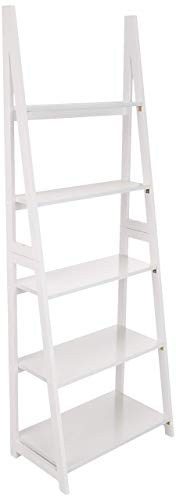 Amazon Basics Modernes Leiter-Bücherregal mit 5 Ebenen, Rahmen aus massivem Kautschukholz - Weiß, 36 cm x 63 cm x 178 cm (T x B x H)