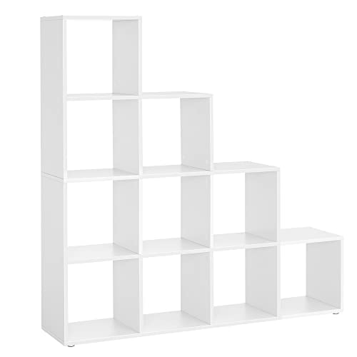 VASAGLE Bücherregal mit 10 Fächern, Regal offen, Stufenregal, Ordnungssystem für Deko, Fotos, Pflanzen, Wohnzimmer, Schlafzimmer, Arbeitszimmer, 29 x 129,5 x 129,5 cm, wolkenweiß LBC10WTV1