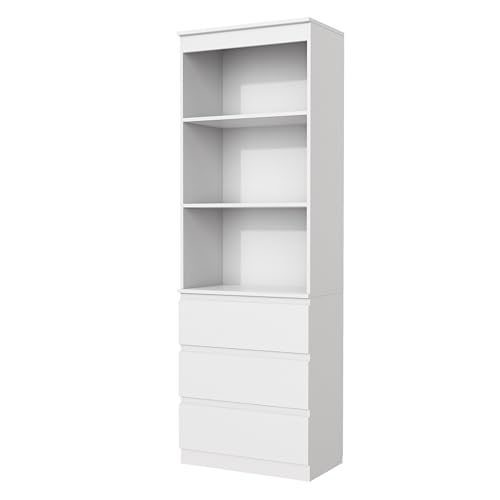 Garvishk Garvis Bücherregal Hochschrank, 3 Schubladen & 3 Regale – MDF Hochregal mit Kippsicherung, 180 cm Hoch, Platzsparend für Wohnzimmer Schlafzimmer Studierzimmer (Weiß Matt)