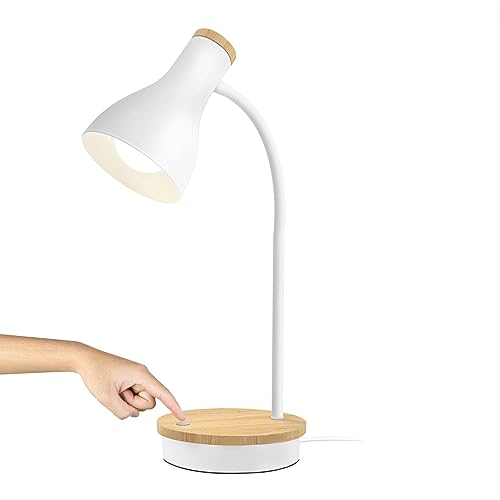 LALISU Tischlampe Basic LED Leselampe im Klassichen Holz-Design, Schreibtischlampe Augenschutz Tageslichtlampe, Verstellbarem Arm (Weiß-T01)