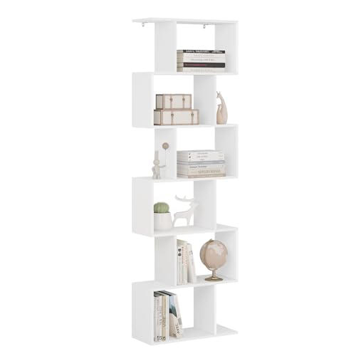 WOLTU Bücherregal mit 6 Ebenen, Regal weiß, Bücherschrank Standregal Aufbewahrungsregal Büroregal Raumteiler, S-förmig, modern, für Wohnzimmer Schlafzimmer Büro, 60x189,5x24 cm, SK044ws