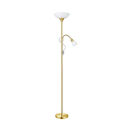EGLO Stehlampe Up 2, 2 flammige Stehleuchte, Standleuchte aus Metall, Glas und Kunststoff, Wohnzimmerlampe in Messing-Matt, Weiß, Lampe mit Schalter, Deckenfluter mit Leselampe, E27 E14