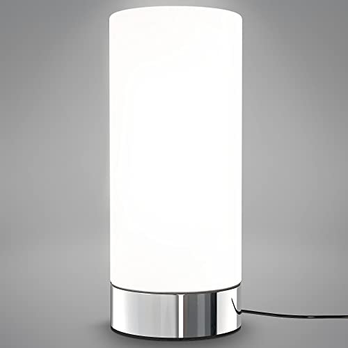 B.K.Licht - Nachttischlampe mit Touch, Dimmbar, E14 Fassung, Zylinder Glas weiß, Tischlampe, Lampe, Nachttischleuchte, Tischleuchte, Bürolampe, Leselampe, Leselicht, 24,5x11 cm (DxH), Chrom-weiß