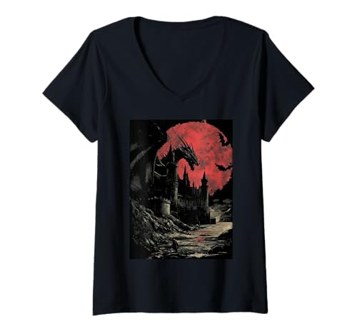 Damen Dark Fantasy Drache Mittelalter Gothic - Leseliebhaber Roman T-Shirt mit V-Ausschnitt