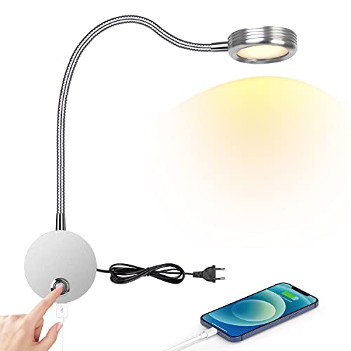 Leselampe Wandmontage, LED Bettleuchte Wandleuchte mit Touch Button Einstellbar Licht 3000-6000K, 4W Bettlampe 360° Flexible Schwanenhals Lampe mit USB-Ladeanschluss für Bett, Schlafzimmer, Silber
