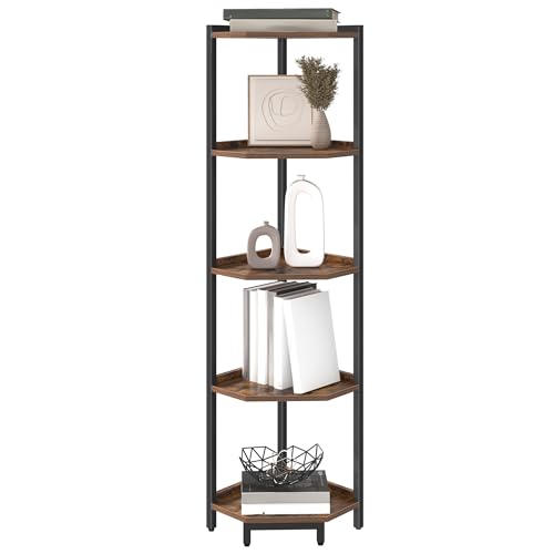 Hzuaneri Eckregal, 5-stöckiges Bücherregal, Standregal, Lagerregal, Eck-Bücherregal, Geeignet für Wohnzimmer, Arbeitszimmer und Büro, 30 x 30 x 136 cm, Vintagebraun-Schwarz CS05901B