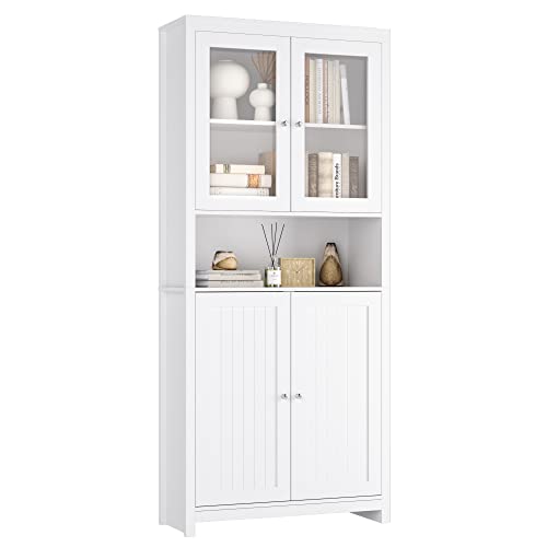 FOREHILL 190cm Bücherregal Vitrinenschrank mit Türen Hochschrank Wohnzimmer Buffetschrank Esszimmer Mehrzweckschrank weiß 84x32x190cm