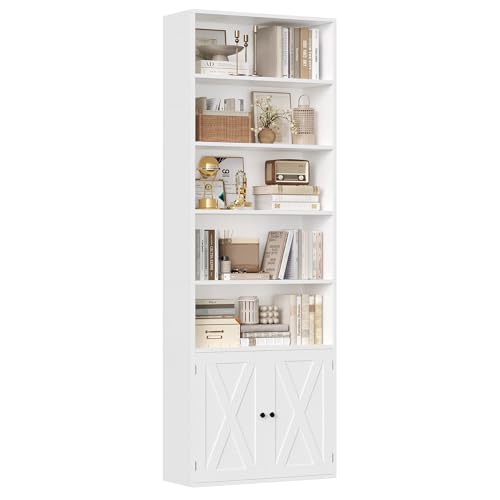 FirFurd 209 cm hohes Bücherregal mit 7 Fächern Bücherschrank mit Türen, Standregal Regal, Hochschrank mit Verstellbare Ablage, Mehrzweckschrank für Wohnzimmer Büro Küche, 60 x 23.5 x 209 cm, Weiß