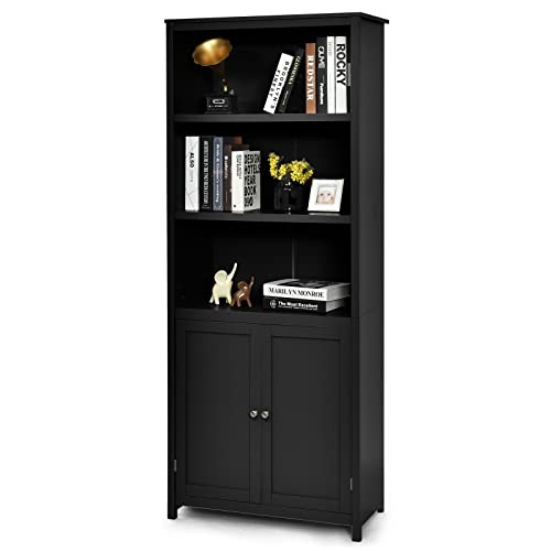 COSTWAY Bücherschrank Bücherregal mit Türen, Hochschrank mit 3 offenen Regalen, Standregal Aktenregal Büroregal für Wohnzimmer Büro, 74,5 x 35,5 x 181,5 cm (Schwarz)