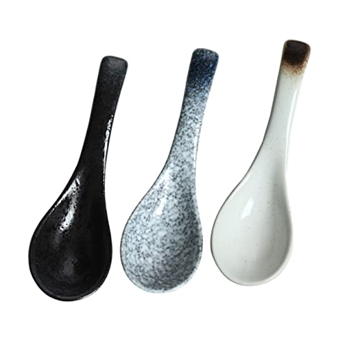 Toyvian 3 Stück Keramik Löffel Japanischer Stil Kurzgriff Retro Farben Blau Schwarz Porzellan Suppenlöffel Breilöffel Leicht Tragbar zum Speisen Trinken Dessert Kochen