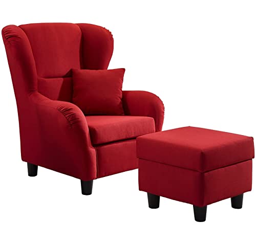 Gemütlicher Ohrensessel mit Hocker im Landhaus-Stil, B90/H98/T76 cm, hoher Sitzkomfort durch Wellenunterfederung, moderner Lesesessel mit Echtholzfüßen und Zierkissen, Strukturstoff in Rot / 18002