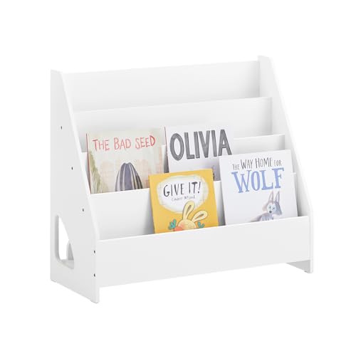 SoBuy Bücherregal Kinder Montessori Kinderregal mit 4 offenen Fächer 1 Ablagefächern Regal Kinderzimmer Spielzeug Aufbewahrung Büchergestell Hängefächerregal Weiß 70x60x30cm KMB32-K-W