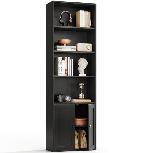 Coleshome Bücherregal mit 6 Ebenen, Regal mit Türen und Schrank, Standregal zur Aufbewahrung und Präsentation für Wohnzimmer, Büro, Schlafzimmer, Schwarz, 48 x 24 x 176.4