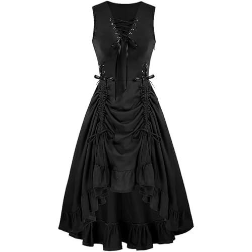 Mittelalterliches Halloween-Kostüm für Herren, Weste, Gothic-Kleid - Kreuz-Träger A-Linie Kleid mit tiefem Ausschnitt und Schnallendetail, mittelalterlicher Tapisserie-Teppich, Schwarz , XXL