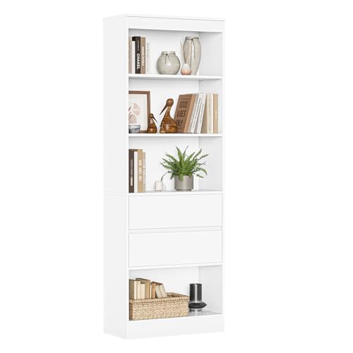 AOGLLATI Bücherregal, Bücherschrank mit 2 Schubladen und 4 Fächern, Büroregal mit verstellbaren Ablagen, 180 cm Hochschrank für Wohnzimmer Schlafzimmer Arbeitszimmer, modern, platzsparend, Weiß