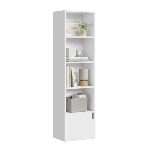 eSituro Bücherregal weiß, schmales Regal mit Tür, 5 Fächern, Standregal Würfelregal für Wohnzimmer Schlafzimmer Büro