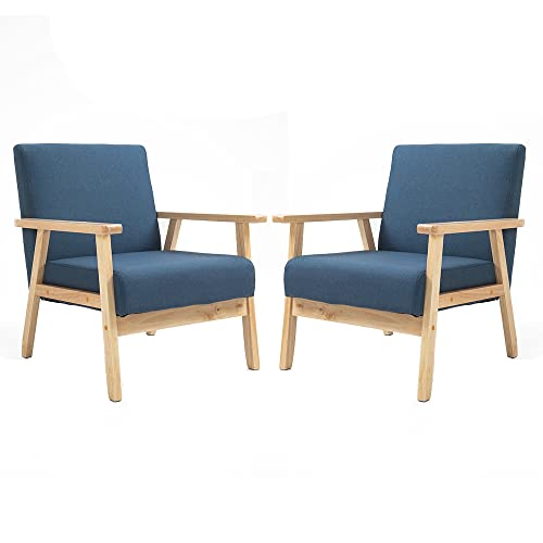 Mingone 2er Set Sessel Gepolsterter Cocktailsessel Skandinavischer Stil Loungesessel Modern Einzelsofa Massivholz für Wohnzimmer Schlafzimmer ，Blau