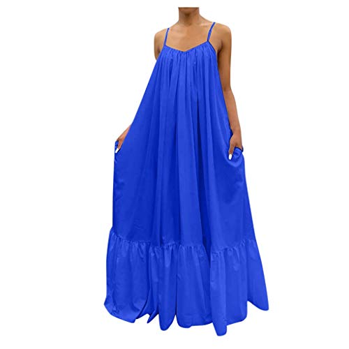 Damen-Maxikleid in Übergröße, rückenfrei, mit Spaghettiträgern, schulterfrei, Cami-Kleid, schwingendes lässiges Sommerkleid, Sommerkleider, gestuftes gerüschtes Sommerkleid mit Taschen, blau, M
