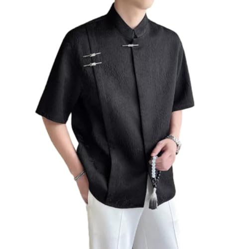 PANVER Kurzarm Herren Taiji Kampfkunst Kung Fu Traditionelle Kleidung Männer Casual Mode Knopfleiste Hemd Klassisch Chinesischer Stil Tangzhuang K-Black L