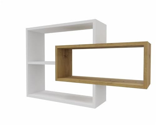MARAND Wandregal Hängeregal - Bücherregal - Wandmontage - Modernes Design - Stauraum - 3 Ablagefächer - Stabile Konstruktion - Weiß Matt/Artisan Eiche