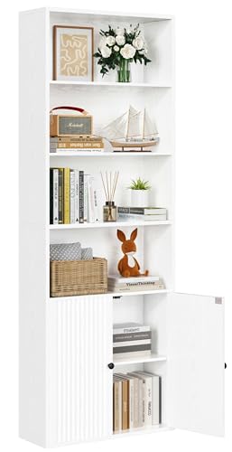IRONCK Bücherregal mit Türen, Regal 6 Ebenen,180cm Hoches Bücherschrank, Standregal Holz, offenes Aufbewahrungsregal für Arbeitszimmer, Büro, Wohnzimmer, Schlafzimmer (Weiß)