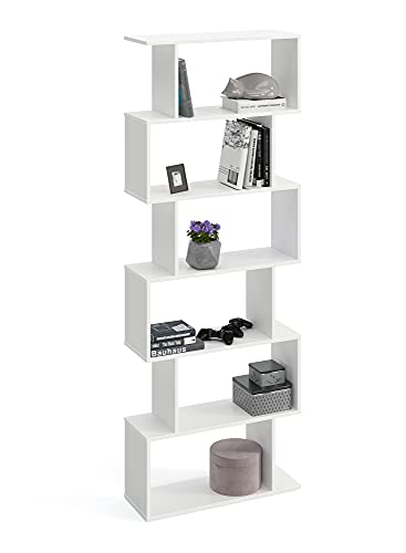 KOMTO Bücherregal Weiß - Raumteiler Regal 191x70x24 cm Standregal Holz und Hoch mit 6 Ebenen S-Förmiges Modern Hochregal Aktenregal Büroregal