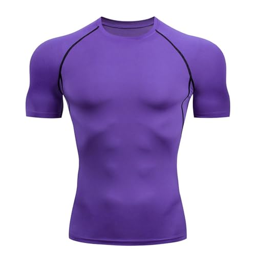 BASHAMAN Kurzarm Herren Schwitzen Atmungsaktiv Casual Trainingsshirt Draussen Gym Workout Kompressionsshirt Leichte Fitness Schnelltrocknend Laufshirt F-Purple XL