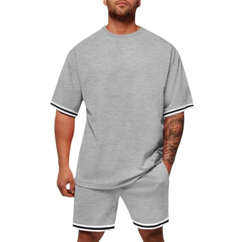 Sportanzug Herren Klassisch Jogginganzug Fitness Atmungsaktiv Trainingsanzug Casual Mode Kurzarm T-Shirt Und Kurze Hosen 2-Teiliges Set O-Light Grey 3XL
