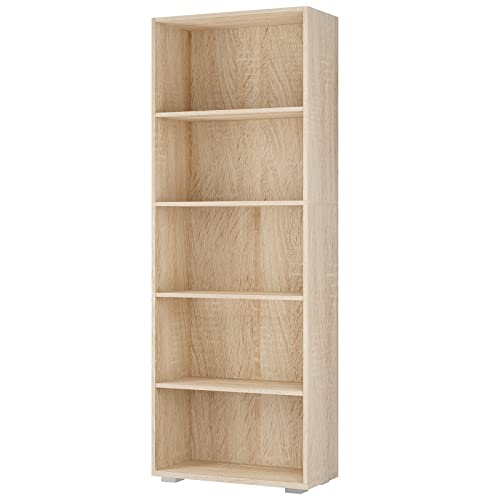 Casaria® Bücherregal 5 Fächer 190x60x28cm Höhenverstellbare Böden Holz Offen Modern Stehend Arbeitszimmer Büro Wohnzimmer Standregal Regal Vela Eiche