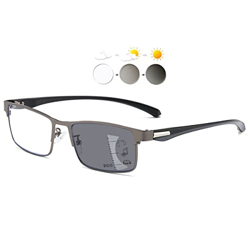 KOOSUFA Selbsttönende Gleitsicht Lesebrille Gleitsichtbrille Progressive Multifokus Anti-Blaulicht Photochrome Herren Damen Metallrahmen mit UV-Schutz Sonnenlesebrille 1x Grau, 1.5