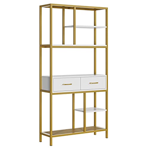 HOCSOK Bücherregal, Büroregal mit 5 Ebenen und 2 Schubladen, Standregal Holz, Industrie, Metallgestell, Aufbewahrungsregal für Büro, Wohnzimmer, Schlafzimmer, Flur, 30 x 90 x 180 cm, (weiß+Gold)