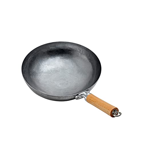 Zanotva Wok Pfanne Traditioneller Handgehämmerter Wok Aus Karbonstahl Mit Griff Aus Holz Und Stahl Abnehmbarer Griff 1,8 Mm Dick Wok(Rundboden)