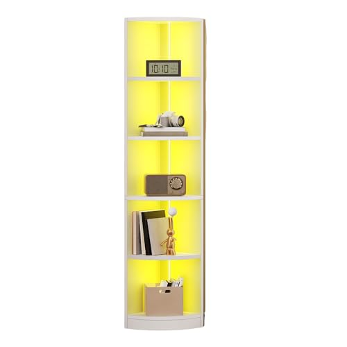 YITAHOME Eckregal Bücherregal, Eckregal stehend mit 5 Ebenen, Bücherregal mit Einstellbarer LED-Beleuchtung, Standregal, Aufbewahrungsregal, für Wohnzimmer, Büro, Schlafzimmer, Weiß, 30 x 30 x 180 cm