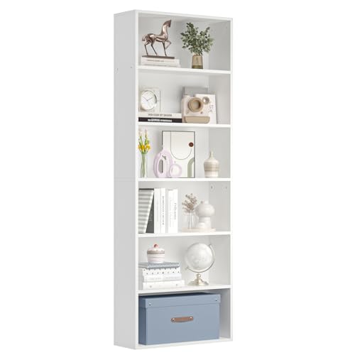 Nordivale Bücherregal Weiß 6-Ebenen, Regal 20 cm Tief, Bücherschrank, Aufbewahrungsregal, Standregal, Offenes Regal Holz, Bookshelf für Wohnzimmer, Schlafzimmer, Büro, Arbeitszimmer, 1 Pack