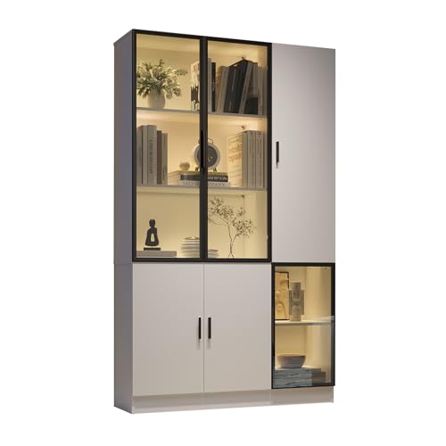 Gxffipw Vitrine mit Glasschrank Tür und LED-Licht, Vitrinenschrank Glasvitrine mit MultiStorage Bücherregal, Highboard Sammlervitrine mit Griff, Wohnzimmerschrank, Weiß+Schwarz, 120x35x200 cm
