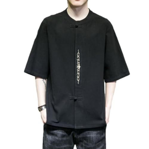 Kurzarm Herren Kampfkunst Kung Fu Tangzhuang Stil Jacke Chinesischer Schnalle Design Mode Shirt Casual Einzigartig Stickerei Traditionelle Kleidung F-Black L