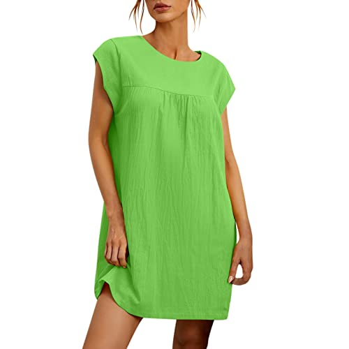 Sommerkleider für Damen, modisch, kurzärmelig, Rundhalsausschnitt, solide Baumwolle, Sommerkleider für UK, grün, XL