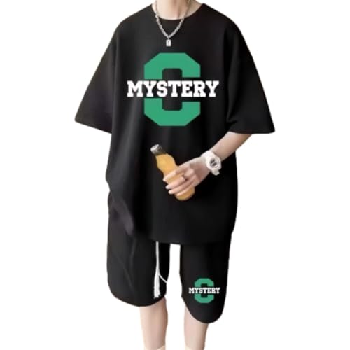 Sportanzug Herren Casual Mode Trainingsanzug Fitness Atmungsaktiv Jogginganzug Klassisch Kurzarm T-Shirt Und Kurze Hosen 2-Teiliges Set B-Black M