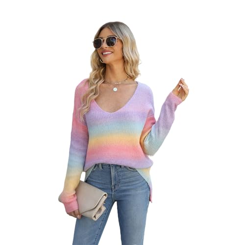 HEYPORK Damen Herbst Winter Warm Bequem Pullover Casual Mode Strickjacke Strickpullover Frauen Tie-Dye Pullover Unregelmäßig Farbverlauf Strickwaren(Rosa, M)