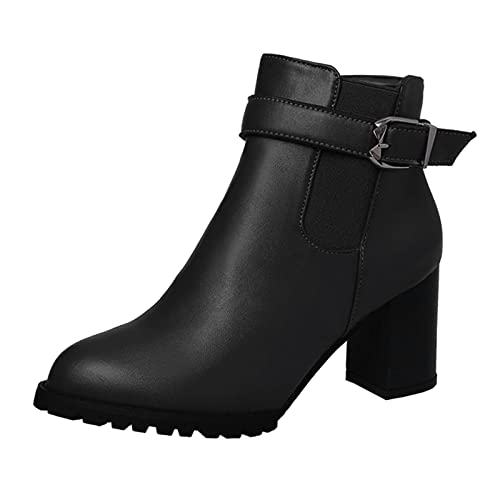 BILIKEYU Kurze Stiefel Chunky Damen Ankle Roman Leather Fashion Casual Heels Schuhe Damenstiefel Silber Herren (Black, 38)