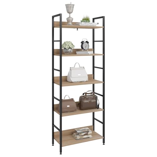 WOLTU Bücherregal, offenes Standregal mit 5 Ebenen, stehendes Regal für Wohnzimmer Schlafzimmer Arbeitszimmer, 60x160x27,5 cm, Schwarz + Helle Eiche