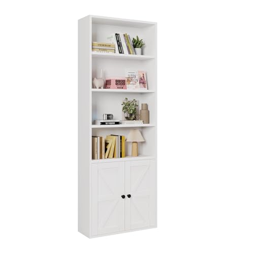 Bonnlo Bücherregal, Bücherschrank mit 2 Türen und 6 Ebenen, Vitrinenschrank, Wohnzimmerschrank aus Holz, Küchenschrank für Wohnzimmer, Schlafzimmer, Büro, Arbeitszimmer, 60x23.5x180cm, Weiß