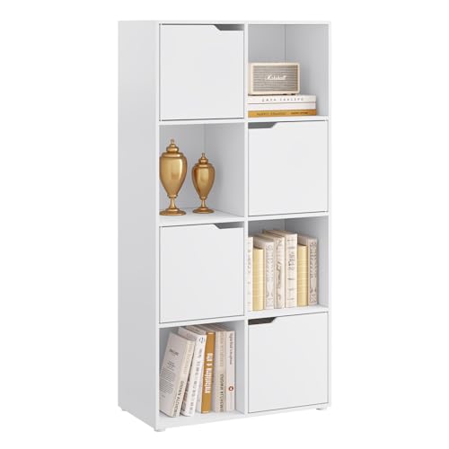 WOLTU Bücherregal mit 8 Fächern, Würfelregal Standregal weiß, Regal mit 4 Türen, Büroregal Aufbewahrungsregal Raumteiler, für Wohnzimmer Schlafzimmer Büro, 60x120x30 cm, SK039ws