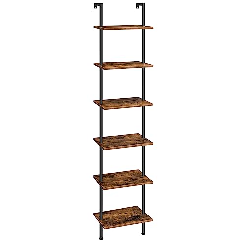 HOOBRO DIY-Leiterregal, 6-stöckiges Wandmontiertes Bücherregal, Schmales Bücherregal, Ausstellungsregal, Lagerregal, Pflanzenständer, für Wohnzimmer, Arbeitszimmer, Vintagebraun EBF651CJ01