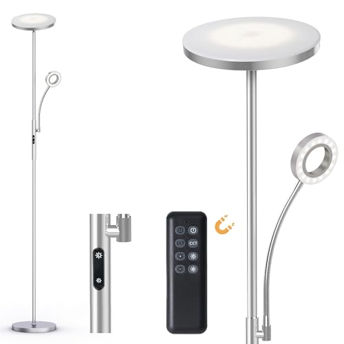 Modlicht 35W Stehlampe LED Dimmbar Silber, 4200LM Deckenfluter LED mit Leselampe, 3000-6000K LED Stehlampe Wohnzimmer mit Fernbedienung & Touch-Steuerung, Stehlampe Leselampe für Schlafzimmer Büro