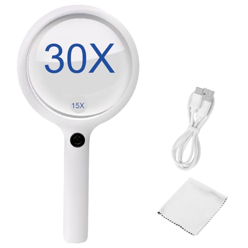 Riisoyu Lupe mit Licht, 30 Fach Vergrößerung Leselupe mit Licht USB Wiederaufladbar 3 Lichtmodi mit 20 LEDs HandLupe für Senioren Groß zum Lesen Hobby Handwerk Münzen Briefmarken Makuladegeneration